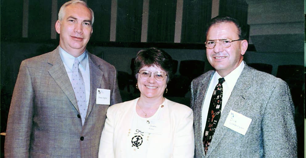 The first officers for the Baptist General Convention of Missouri -- Vice President Owen Taylor, a minister from St. Louis; Secretary Sondra Allen, a layperson from Jefferson City; and President Dick Lionberger, pastor of First Baptist Church in Savannah at the time -- pause for a photo at the BGCM's first annual meeting at Fee Fee Baptist Church April 19-20, 2002. (Bill Webb photo)