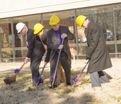 (l to r) SBU President Dr. C Pat Taylor; Aaron Sloan, SBU Student Association vice president; Dr. Troy Bethards, dean of the Robert W. Plaster College of Business and Computer Science; and SBU Trustee Wayne Hutchins break ground on a project to expand and renovate SBU’s Gene Taylor National Free Enterprise Center. (SBU)