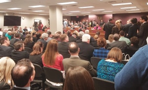 A hearing room in the Missouri Capitol is filled to overflowing for testimony on a religious liberty bill, SRJ 39.