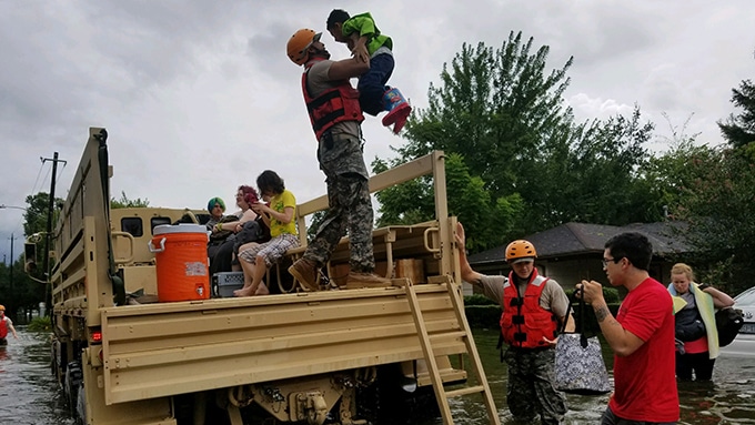 Texas National Guard Soldiers arrive in Houston to rescue stranded residents in flooded areas from the storms of Hurricane Harvey on Aug. 27, 2017. (Photo by Lt. Zachary West)