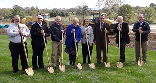 Participating in the groundbreaking for The Baptist Home’s Central Missouri  campus are (from left): Ron Mackey, Steven Jones, Keith McGowan, Jeanie McGowan, Annetta Kirkpatrick, Steve Long, Bart Tichenor and Bill Lloyd. (Brian Kaylor/Word&Way) 