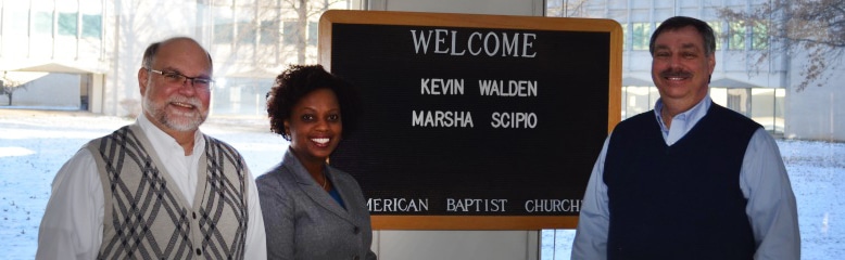ABCUSA General Secretary Lee B. Spitzer (riight) greets two new Associate General Secretaries . Kevin A. Walden (left) is Associate General Secretary for Congregational and Pastoral Effectiveness, and Marsha Scipio (center) Associate General Secretary for Missional Initiatives and Partnerships.  