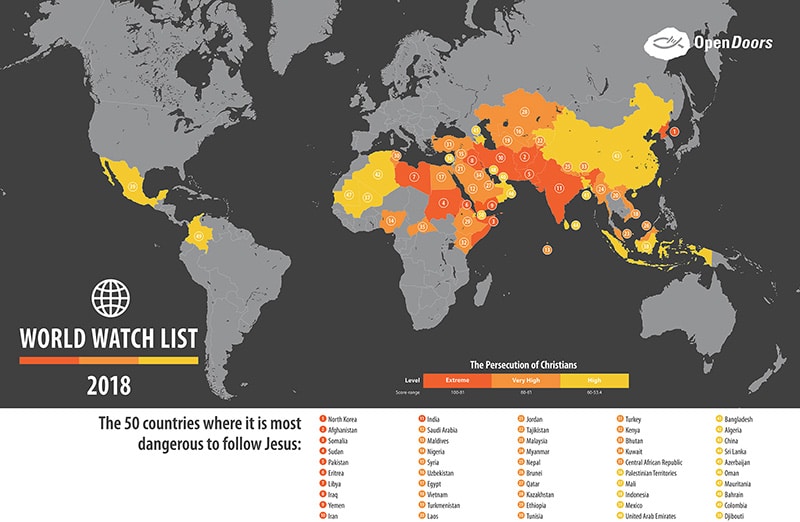 The 2018 World Watch List, compiled by Open Doors USA, where Christians are most persecuted. Map courtesy of Open Doors USA