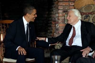 President Obama meets with the Rev. Billy Graham at his house in Montreat, N.C., April 25, 2010. RNS photo courtesy Pete Souza/The White House