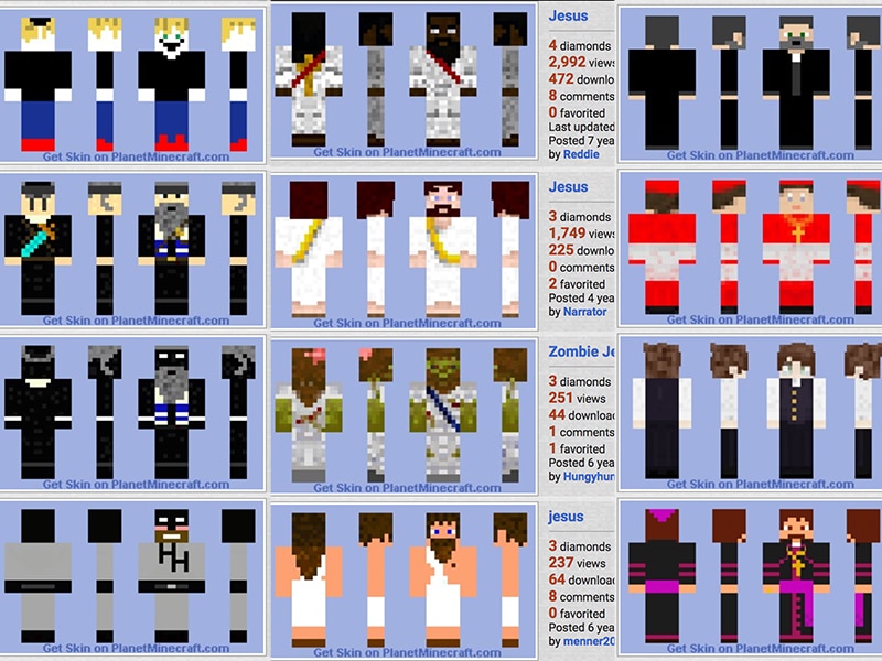Religious Minecraft skins, or characters, including Jewish options, left column, Jesus variations, center, and priest options, right. Images from PanetMinecraft.com