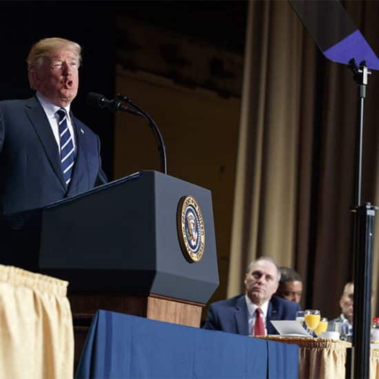 President Trump speaks during the National Prayer Breakfast, Thursday, Feb. 8, 2018, in Washington, with Steve Scalise at right. (AP Photo: Evan Vucci)