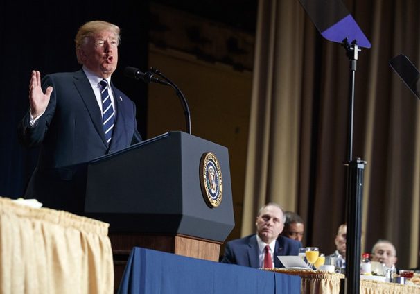 President Trump speaks during the National Prayer Breakfast, Thursday, Feb. 8, 2018, in Washington, with Steve Scalise at right. (AP Photo: Evan Vucci)