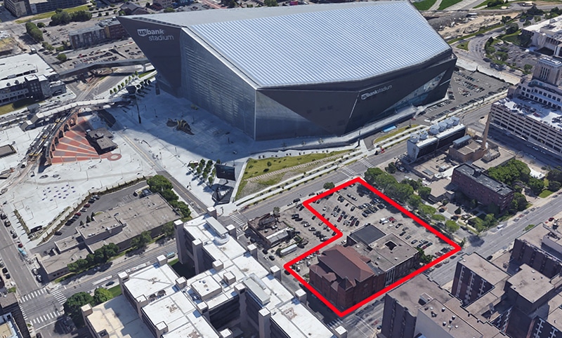 First Covenant Church, outlined in red, in proximity to U.S. Bank Stadium in Minneapolis. (Image courtesy of Google. Illustration by Kit Doyle)