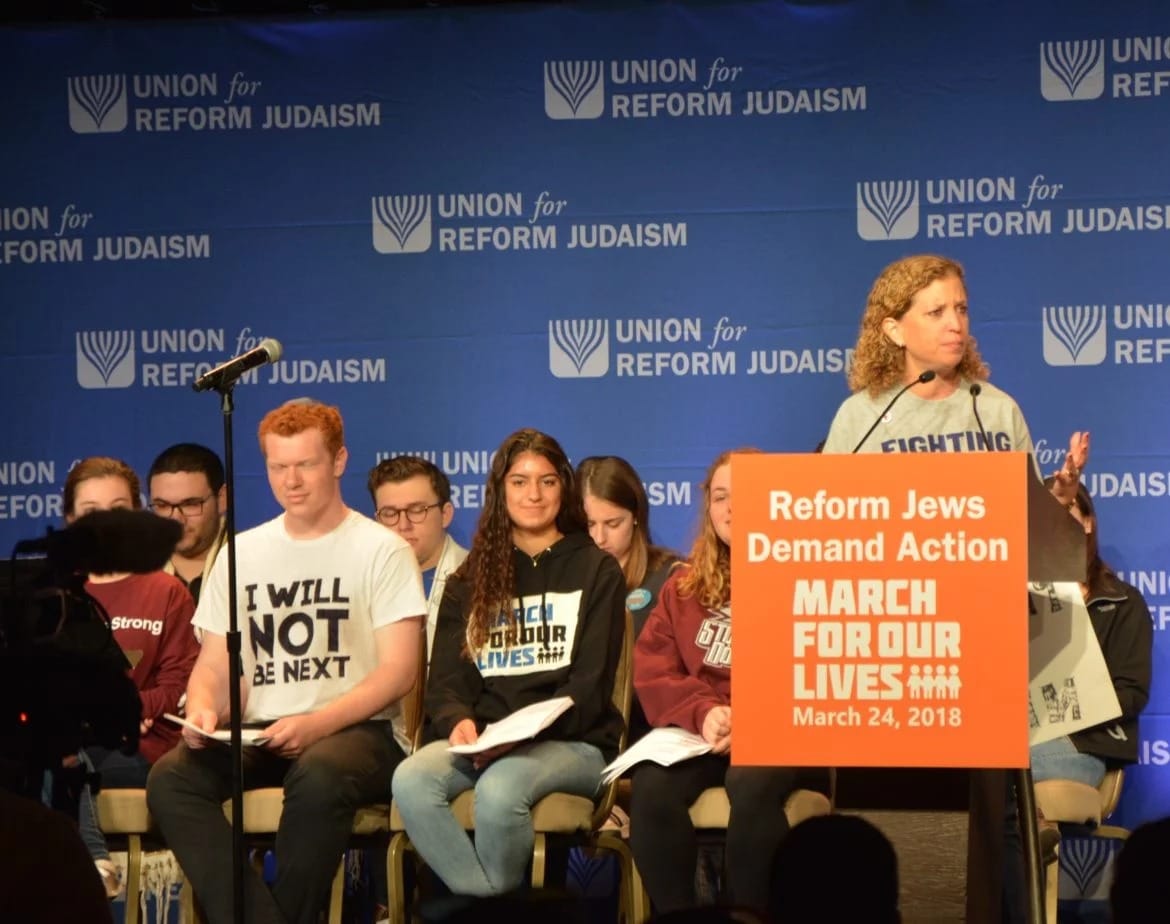 Congresswoman Debbie Wasserman Schultz (D-FL) addresses a gathering of Reform Jews the morning of the March for Our Lives protest in Washington, DC on March 24, 2018. RNS photo by Jack Jenkins.