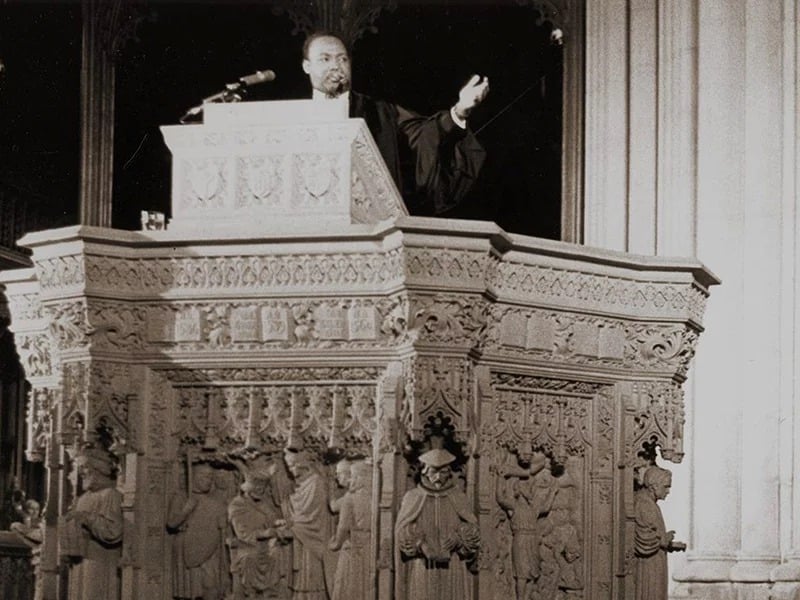 Martin Luther King Jr. discusses his planned Poor People’s Campaign from the pulpit of the Washington National Cathedral in Washington, D.C., on March 31, 1968. (AP Photo)