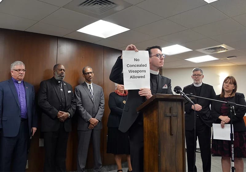 Religious leaders from a variety of faiths express opposition to a Missouri bill that would permit people to carry concealed firearms in church, during a news conference in St. Louis, on April 11, 2018. Photo courtesy of Fred Koenig