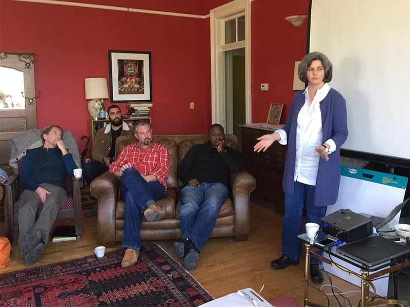 The Rev. Nurya Love Parish, right, one of the organizers of the FaithLands gathering, farms at Plainsong Farm in Michigan, where she holds “Sabbath at the Farm” weekends. RNS photo by Kimberly Winston