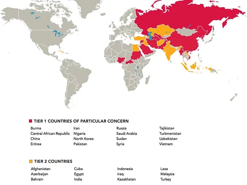 A map of the countries of particular concern in the “United States Commission on International Religious Freedom: 2018 Annual Report.” Image courtesy of USCIRF