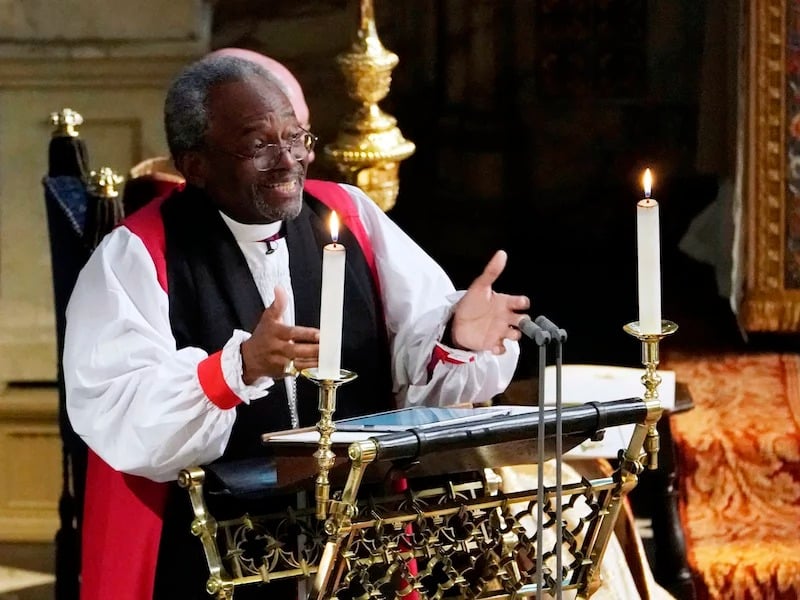 The Most Rev. Michael Curry, primate of the Episcopal Church, gives an address during the wedding of Prince Harry and Meghan Markle in St. George’s Chapel at Windsor Castle on May 19, 2018. (Owen Humphreys/PA Wire via AP)