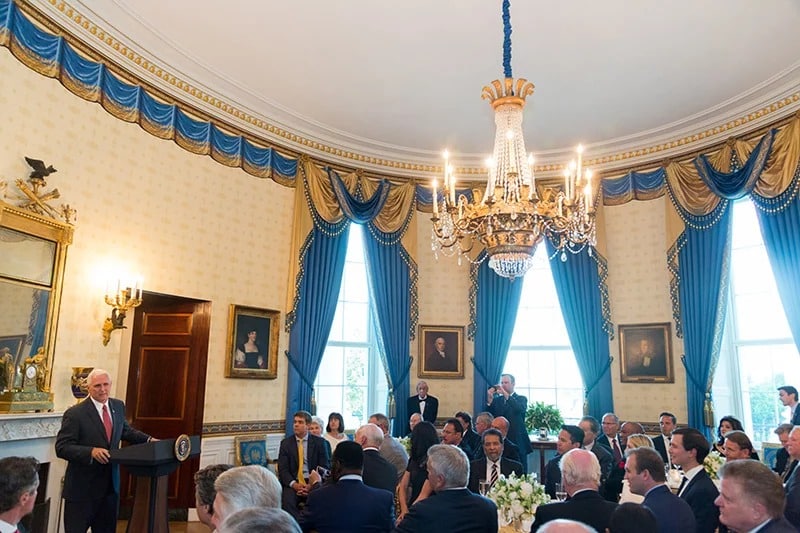 Vice President Mike Pence delivers remarks during a dinner with religious leaders on May 3, 2017, in the Blue Room of the White House in Washington.  Photo by Shealah Craighead/White House