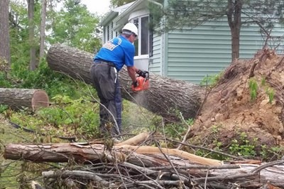 A Southern Baptist volunteer removes one of many trees felled when tornadoes and wind storms struck several communities in Connecticut May 15. Baptist Convention of New England photo