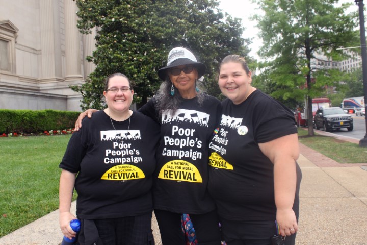 Hope Koss, Tree Muldrow and Savannah Kinsey traveled from Pennsylvania to attend the Poor People’s Campaign rally in Washington on June 23, 2018. RNS photo by Adelle M. Banks