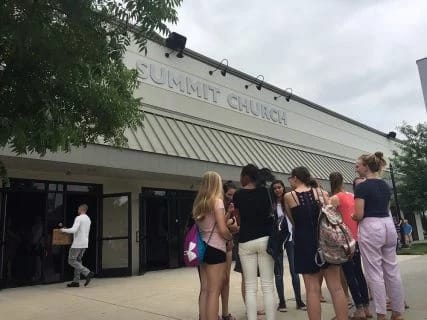 A group of women talks outside The Summit Church in Durham, N.C. after Sunday services on June 3, 2018. RNS photo by Yonat Shimron