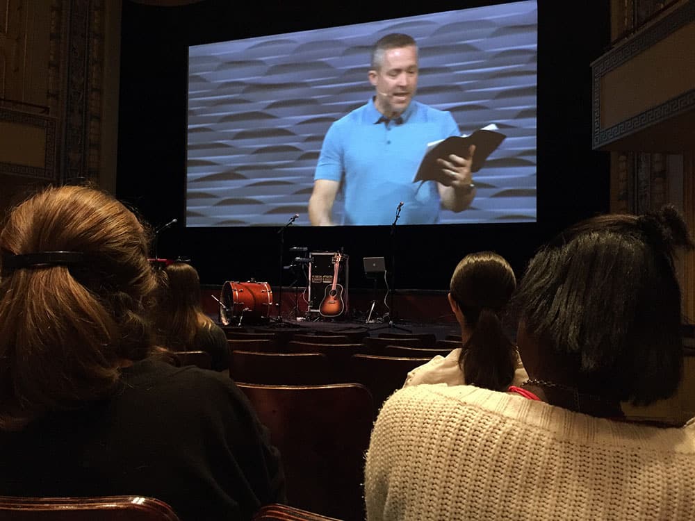 J.D. Greear’s sermon is livestreamed to the Carolina Theatre in Durham. RNS photo by Yonat Shimron