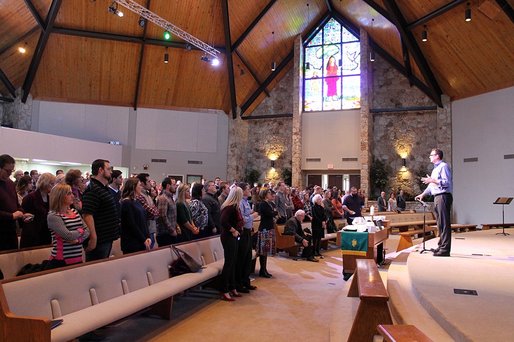 Jon Middendorf, senior pastor of Oklahoma City’s First Church of the Nazarene, speaks to the congregation on January 29, 2017. RNS photo by Bobby Ross Jr.