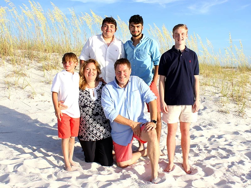 Some of the blended Ferguson family during a beach trip to Destin, Fla. Pictured from left are Casey Ferguson, 12; Becki Ferguson; Max Rangel, 17; Les Ferguson Jr.; Michael Rangel, 20; and Conner Ferguson, 21. Photo courtesy of Les Ferguson Jr.