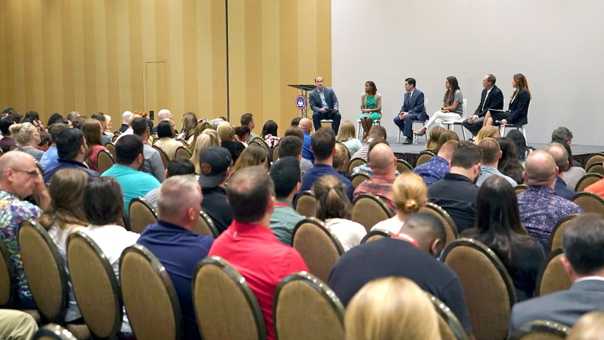 Panelists address “Gospel Sexuality in a #MeToo Culture,” convened by the Ethics and Religious Liberty Commission, on June 11, 2018, the eve of the annual meeting of the Southern Baptist Convention in Dallas. Panelists included, left to right, Phillip Bethancourt, executive vice president of the ERLC; Trillia Newbell, author and the ERLC’s director of community outreach; Russell Moore, president of the ERLC; Jamie Ivey, podcaster and author; James Merritt, lead pastor of Cross Pointe Church in Duluth, Ga., and former Southern Baptist Convention president; and Kimberly Norris, a sexual abuse trial attorney. Photo by Matt Miller via Baptist Press