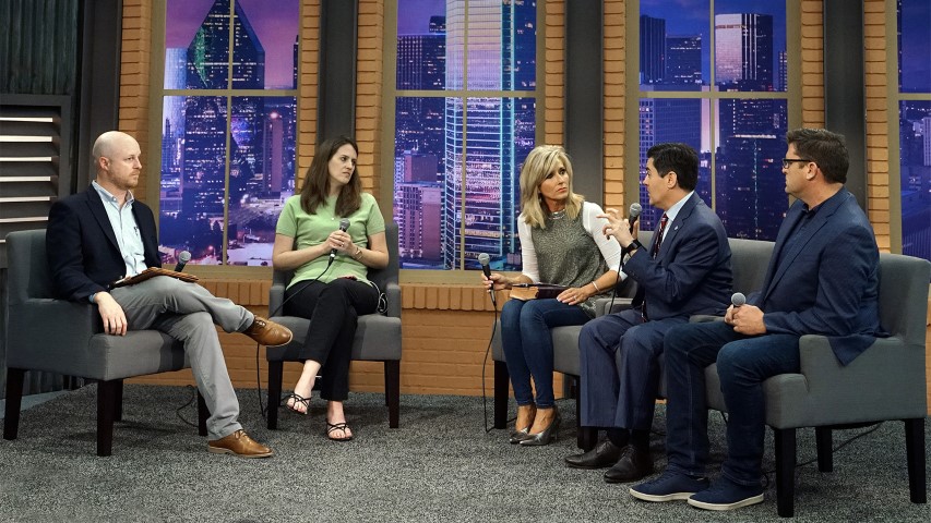 Jonathan Howe, from left, and Amy Whitfield moderate a panel discussion with Beth Moore, Russell Moore and Matt Carter. The panel discussed preventing and dealing with sexual abuse in the church on June 11, 2018, at the Cooperative Program stage in the exhibit hall at the Kay Bailey Hutchison Convention Center in Dallas. Photo by Kathleen Murray via Baptist Press