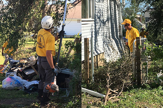 Volunteers serving with the Iowa Baptist Convention's Southern Baptist Disaster Relief team begin cleanup in a homeowner's yard in Marshalltown, Iowa. The town was hit by an EF-3 tornado Thursday, July 19. Photos courtesy of Iowa Baptist Convention Disaster Relief