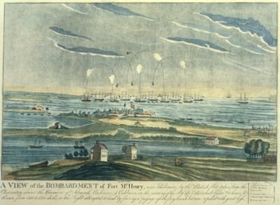 In 1814, Francis Scott Key wrote the poem "Defense of Fort M'Henry" after watching the all-night bombardment of Baltimore's Fort McHenry from a British ship during the War of 1812. The poem was later set to music and became the country's national anthem more than a century later.