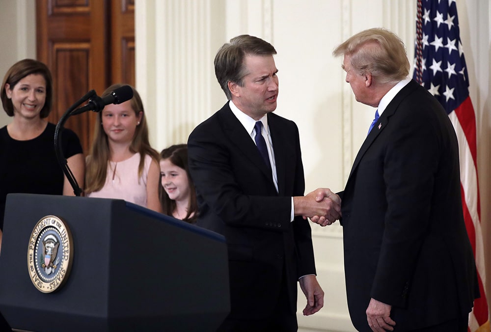 President Trump greets Judge Brett Kavanaugh, his Supreme Court nominee, in the East Room of the White House on July 9, 2018, in Washington. (AP Photo/Evan Vucci)