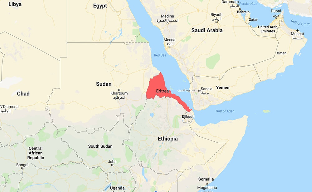 Eritrea, highlighted in red, is a small coastal nation north of Ethiopia in the Horn of Africa. Map courtesy of Google