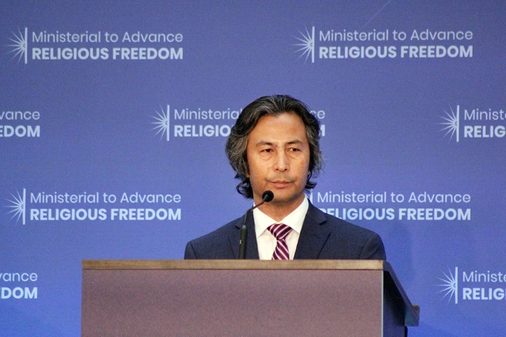 Tahir Hamut, a Uighur Muslim from China, addresses the Ministerial to Advance Religious Freedom at the State Department on July 24, 2018. RNS photo by Adelle M. Banks