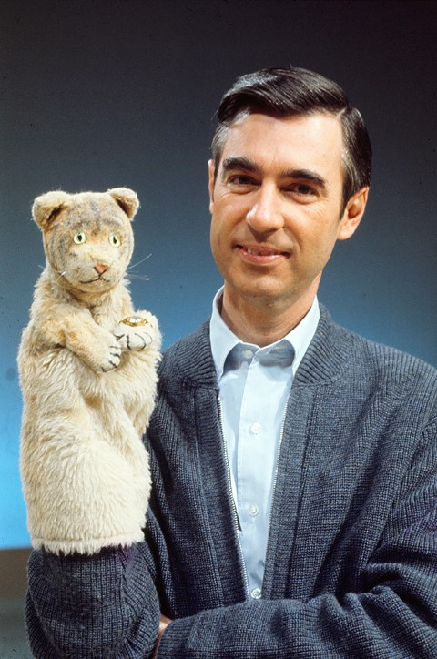 Fred Rogers with Daniel Striped Tiger from his show “Mister Rogers’ Neighborhood.” Photo by John Beale via Focus Features