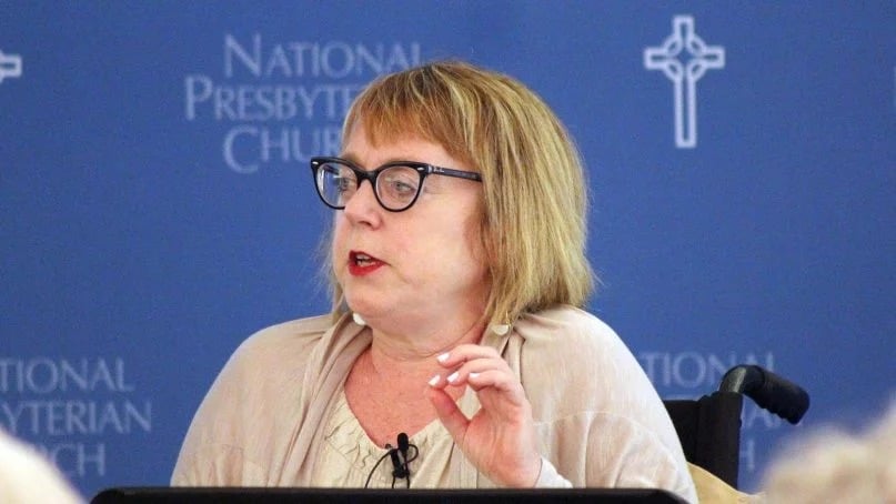 Karen Swallow Prior speaks about her book “Fierce Convictions,” about British abolitionist Hannah More, at the National Presbyterian Church in Washington, D.C., on July 22, 2018. Prior spoke from a wheelchair because she was struck by a bus two months before. RNS photo by Adelle M. Banks