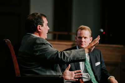 Thom Rainer (left), president of LifeWay Christian Resources, interacts with Jason Allen, president of Midwestern Seminary, during a discussion titled “The State of the SBC” on Sept. 19. MBTS photo