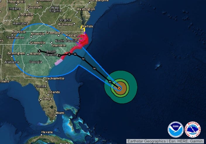 Projections Hurricane Florence's path as of 8 a.m. (ET) on Sept. 12. Screen capture from National Hurricane Center.