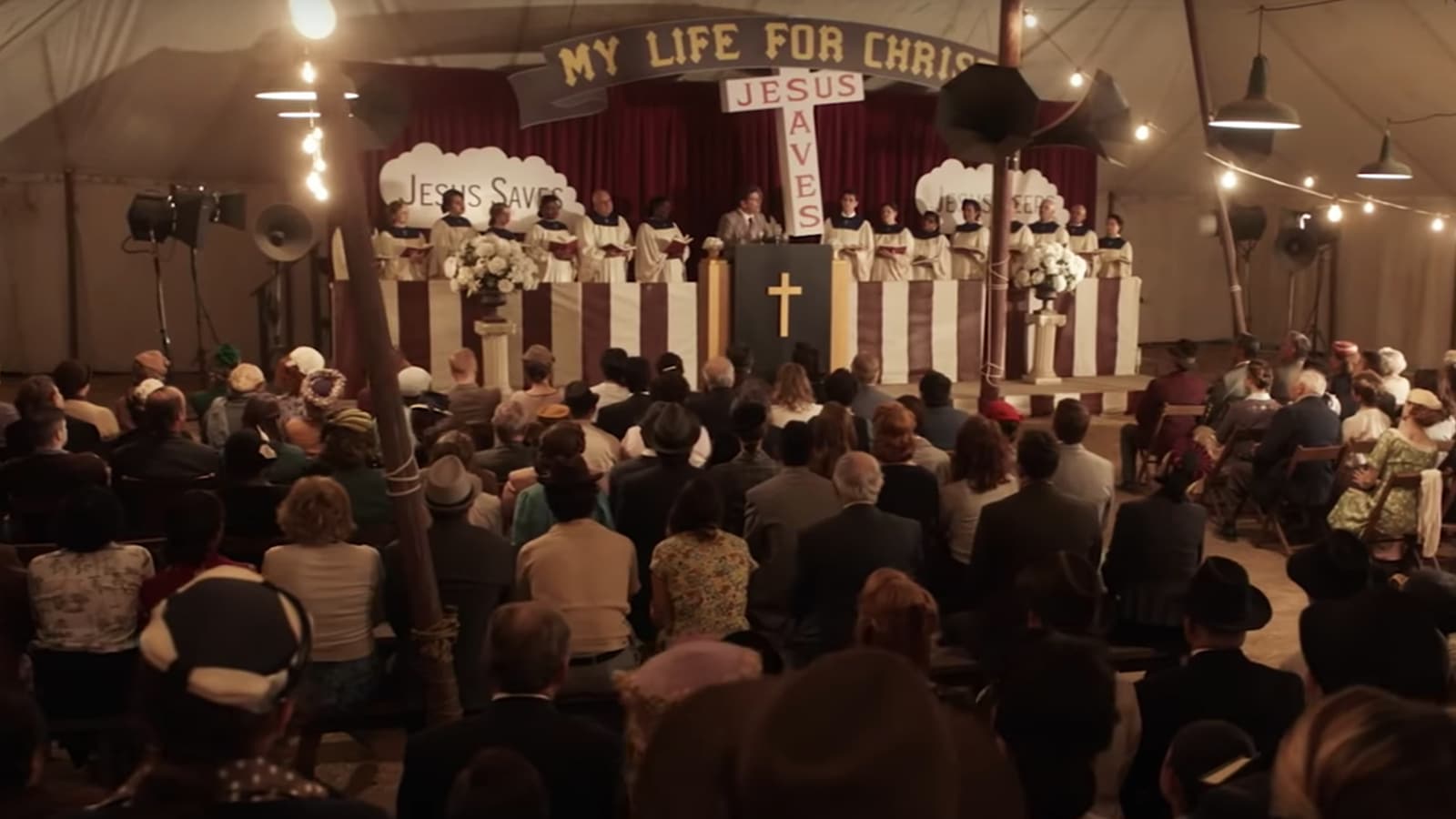 Billy Graham is played by his grandson Will Graham in a revival scene from "Unbroken: Path to Redemption." Photo courtesy of WTA Group/Universal 1440 Entertainment