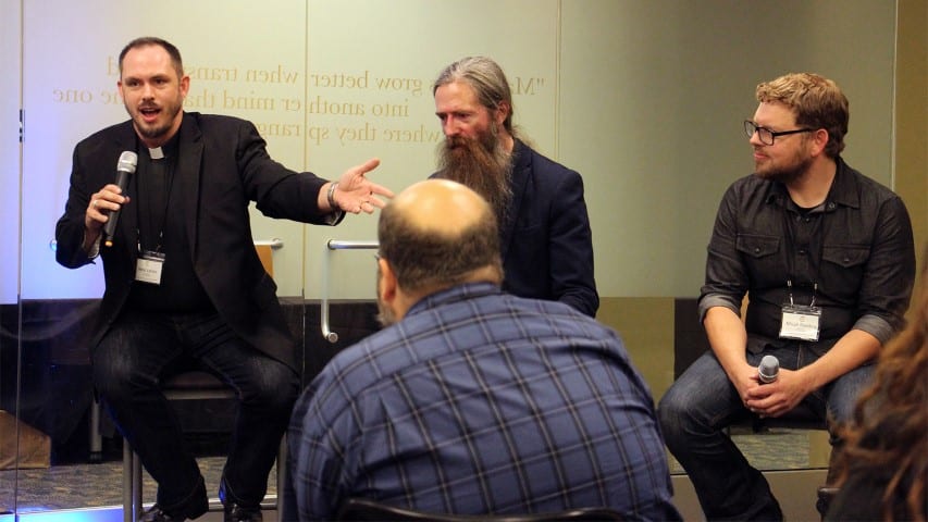 The Rev. Neal Locke, from left, Aubrey de Grey and Micah Redding participate in a panel titled “Should We Live to be 500?” during the Christian Transhumanist Conference in Nashville on Aug. 25, 2018. RNS photo by Emily McFarlan Miller