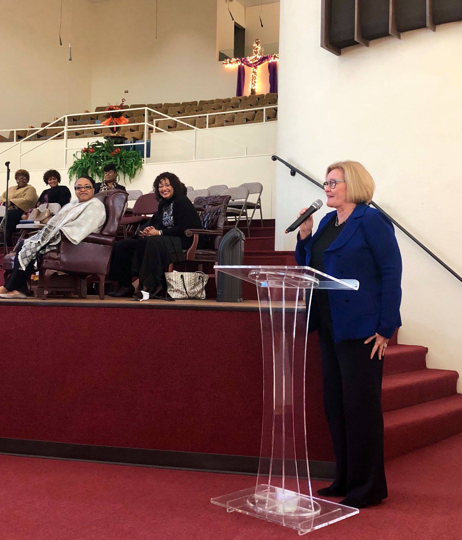 Senator Claire McCaskill speaks at Zion Grove Missionary Baptist Church on Oct. 21. (Screen capture from social media)