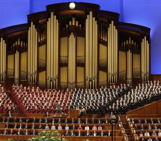 The Mormon Tabernacle Choir of the Church of Jesus Christ of Latter-day Saints performs during the annual church conference in Salt Lake City on April 1, 2017. (AP Photo/Rick Bowmer)