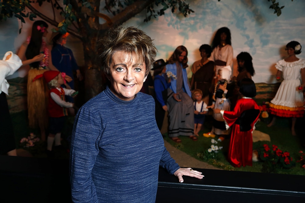 BibleWalk director Julie Mott-Hardin in front of the Jesus and the Children display at the religious wax museum in Mansfield, Ohio, on Sept. 28, 2018. This display is made of museum quality fiberglass and is one of two scenes that have remain unchanged since 1987. RNS photo by Paul Vernon
