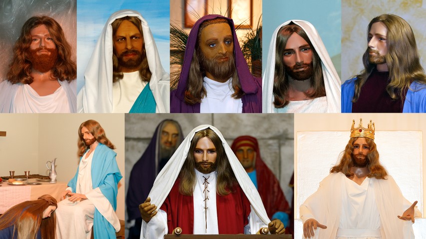 A variety of the versions of Jesus used at BibleWalk. RNS photos by Paul Vernon