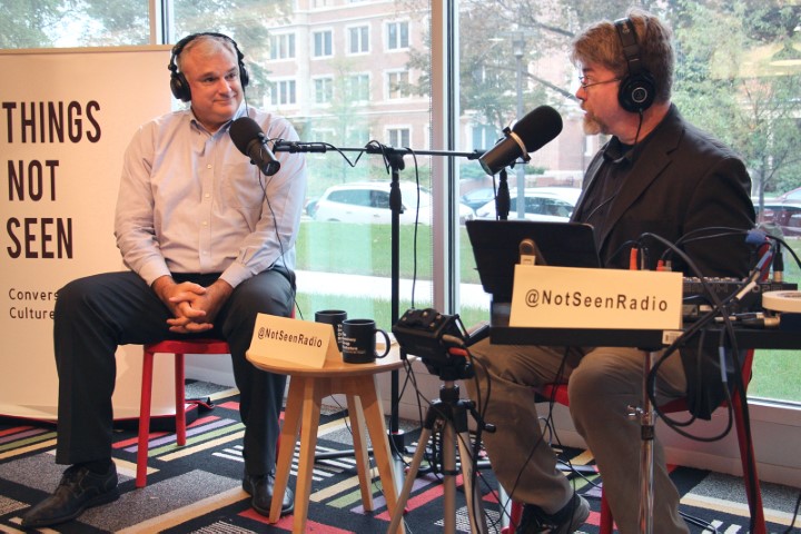 Historian John Fea, left, joins “Things Not Seen” podcast host David Dault for a recording of the show at Seminary Co-op Bookstore on the University of Chicago campus on Sept. 24, 2018. RNS photo by Emily McFarlan Miller