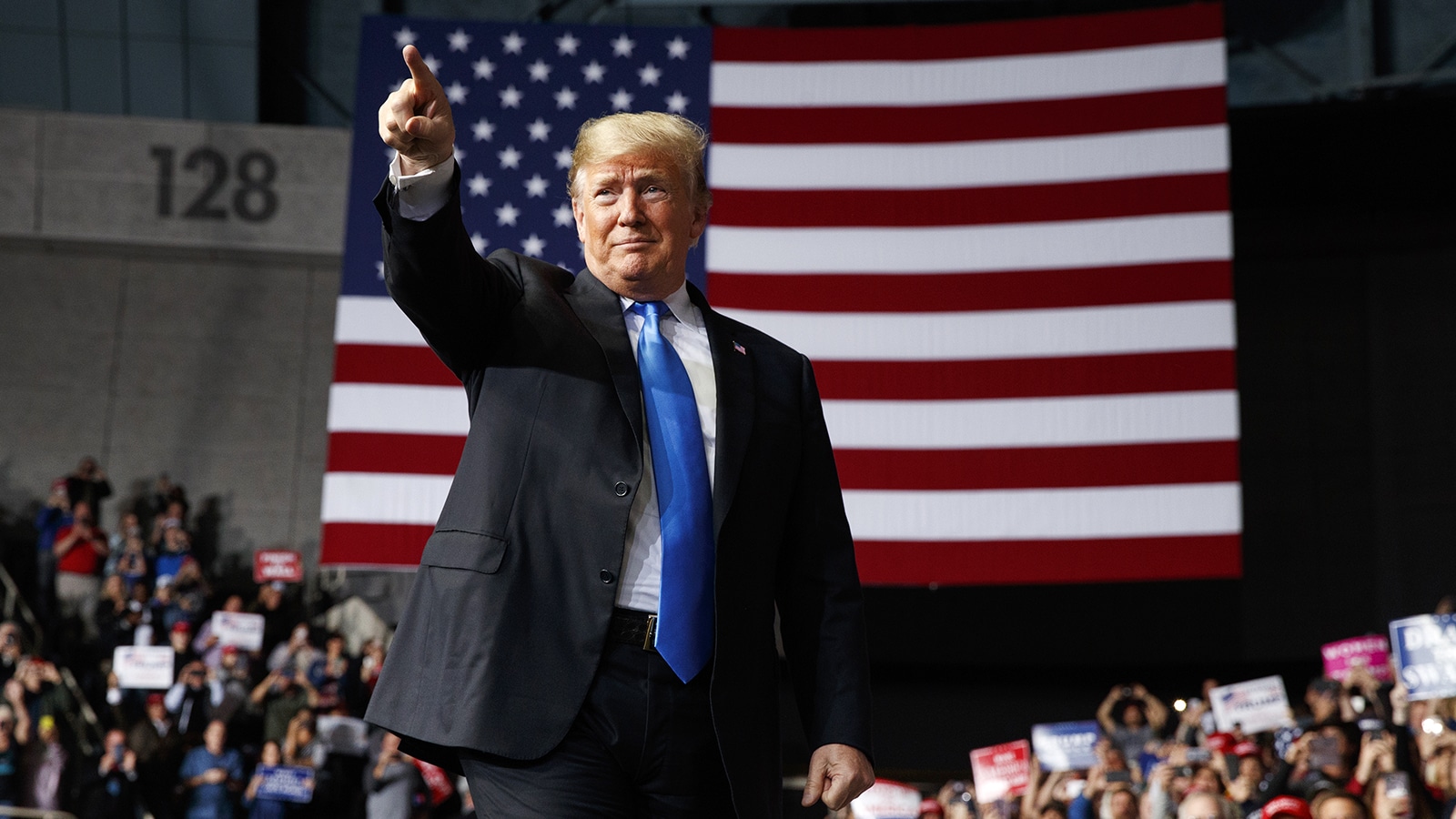 President Trump arrives to speak at a campaign rally at Bojangles' Coliseum on Oct. 26, 2018, in Charlotte, N.C. (AP Photo/Evan Vucci)