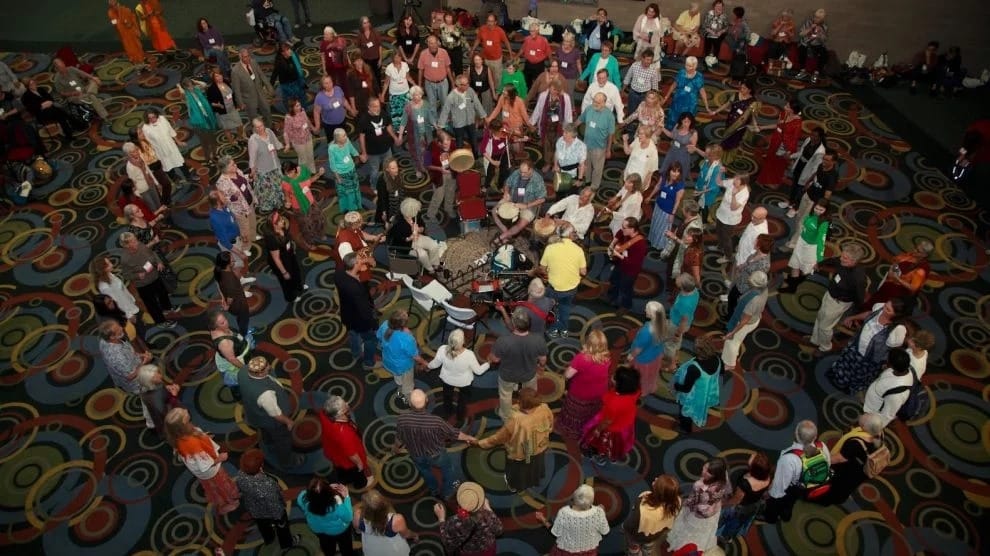 A drumming circle pulls dancers together at a Dances of Universal Peace even at the 2015 Parliament of the World's Religions in Salt Lake City, Utah. (Credit: Parliament of the World's Religions)