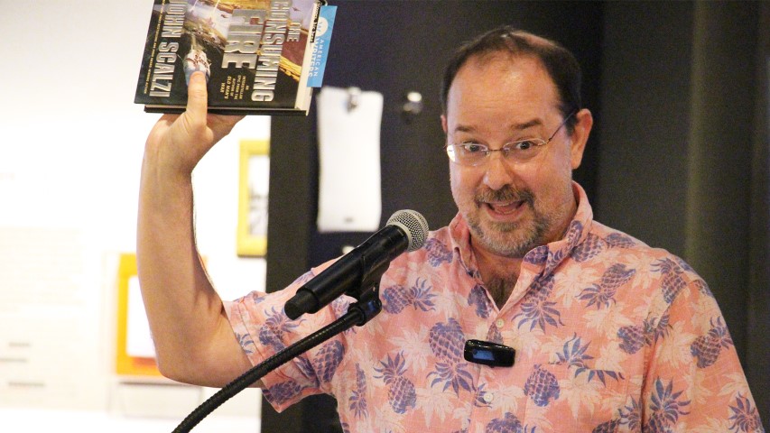 Science-fiction author John Scalzi speaks about his new book, "The Consuming Fire," on Oct. 22, 2018, at the American Writers Museum in Chicago. RNS photo by Emily McFarlan Miller