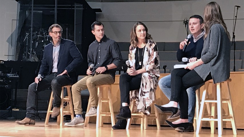  A panel discusses foster care and adoption at a rally organized by the Baptist General Convention of Oklahoma and hosted by the First Baptist Church of Edmond, Okla., north of Oklahoma City, on Nov. 13, 2018. Panelists include Alex Himaya, from left, Cody Brumley, Breanna Brumley and Charlie Blount. The moderator was Amy Cordova, far right. RNS photo by Bobby Ross Jr.