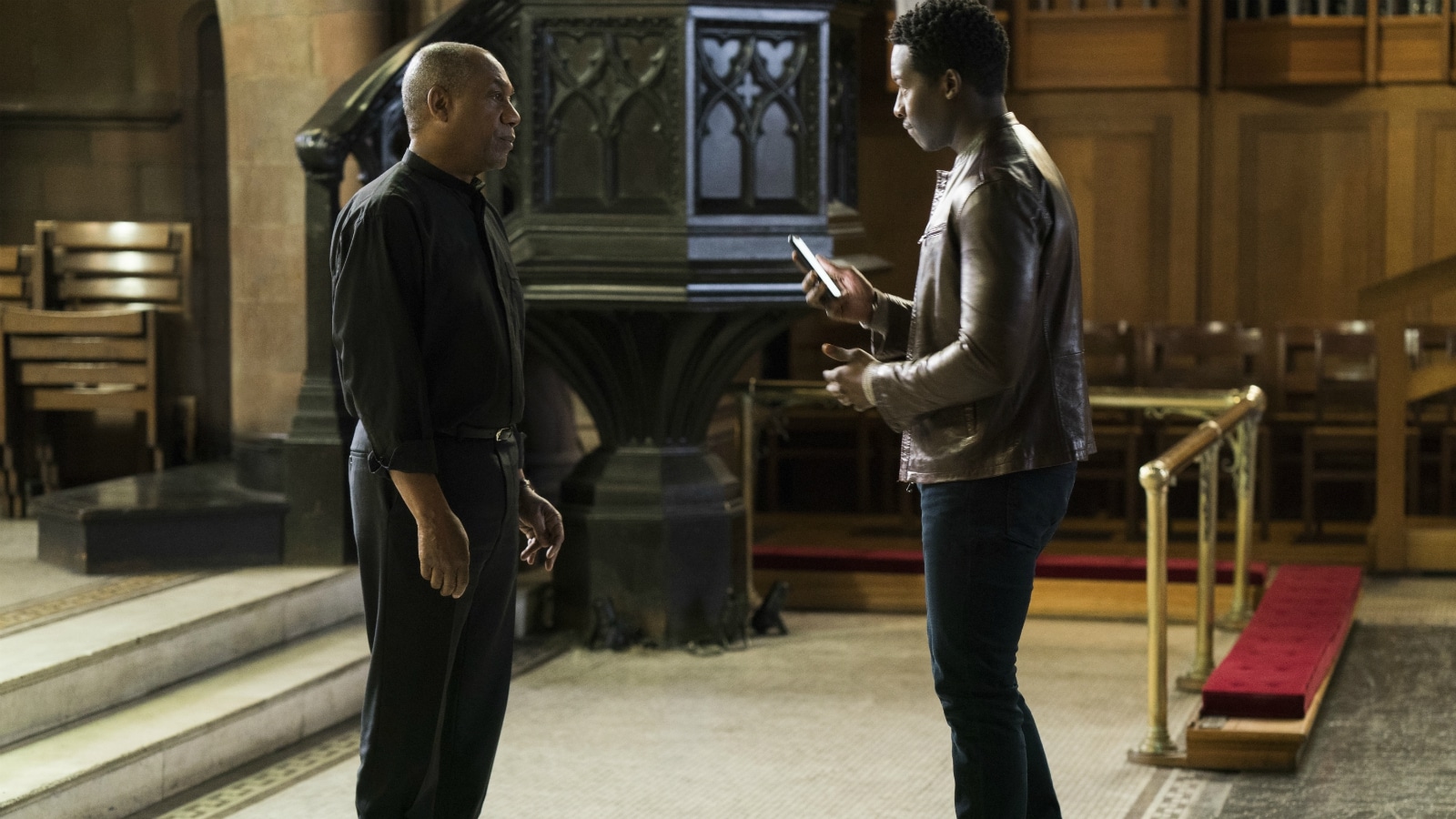 Joe Morton, left, and Brandon Micheal Hall star in “God Friended Me,” in which Hall’s character, Miles Finer — the atheist son of an Episcopal priest, played by Morton — receives a friend request from God on social media. Photo courtesy of Jonathan Wenk/CBS Broadcasting Inc.