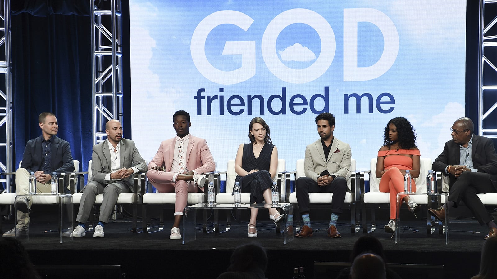 Steven Lilien, from left, Bryan Wynbrandt, Brandon Micheal Hall, Violett Beane, Suraj Sharma, Javicia Leslie and Joe Morton participate in the "God Friended Me" panel during the Television Critics Association summer press tour at the the Beverly Hilton Hotel on Aug. 5, 2018. (Photo by Richard Shotwell/Invision/AP)
