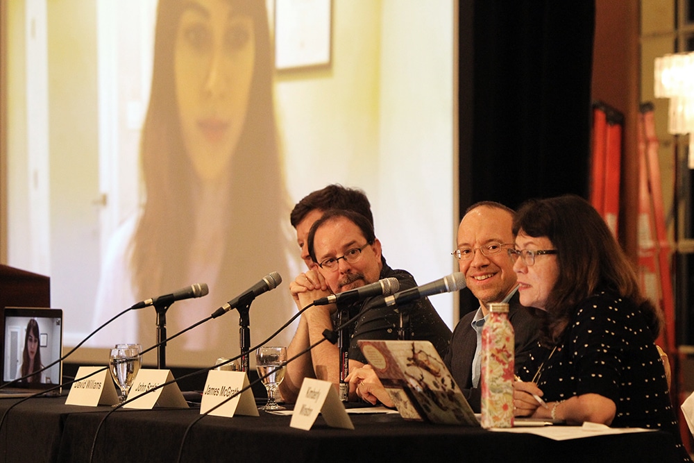 John Scalzi, left, participates on the panel “Close Encounters of the God Kind: Religion in Science Fiction” during the 2018 Religion News Association Conference on Sept. 13, 2018, in Columbus, Ohio. Kimberly Winston, right, moderated the panel that also included James McGrath, second right, David Williams and Farah Rishi. RNS photo by Kit Doyle